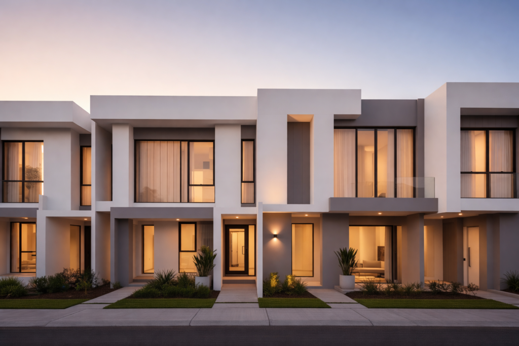 Immobilienwert. Modernes zweigeschossiges Reihenhaus mit großen Fenstern bei Abenddämmerung.